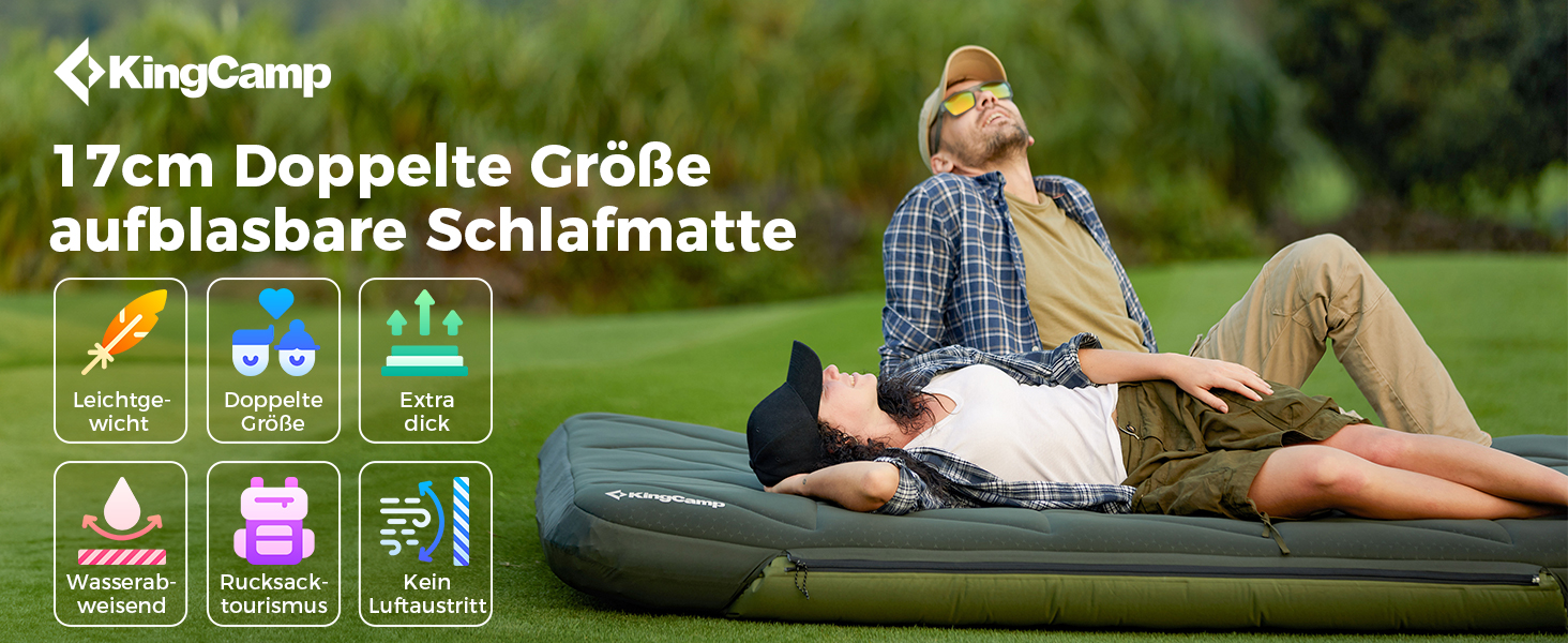 KingCamp килимок для кемпінгу 10см з Memory Foam R4.9, 4-сезонний надувний килимок, швидко надувається (90 сек), для подорожей, автокемпінгу (подвійний, зелений)
