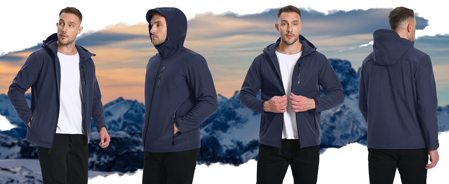 Чоловіча куртка Softshell TACVASEN: водонепроникна outdoor куртка з флісовою підкладкою, вітрозахисна та дихаюча куртка-вітровка з капюшоном для роботи, велосипеда та походів, L, чорна