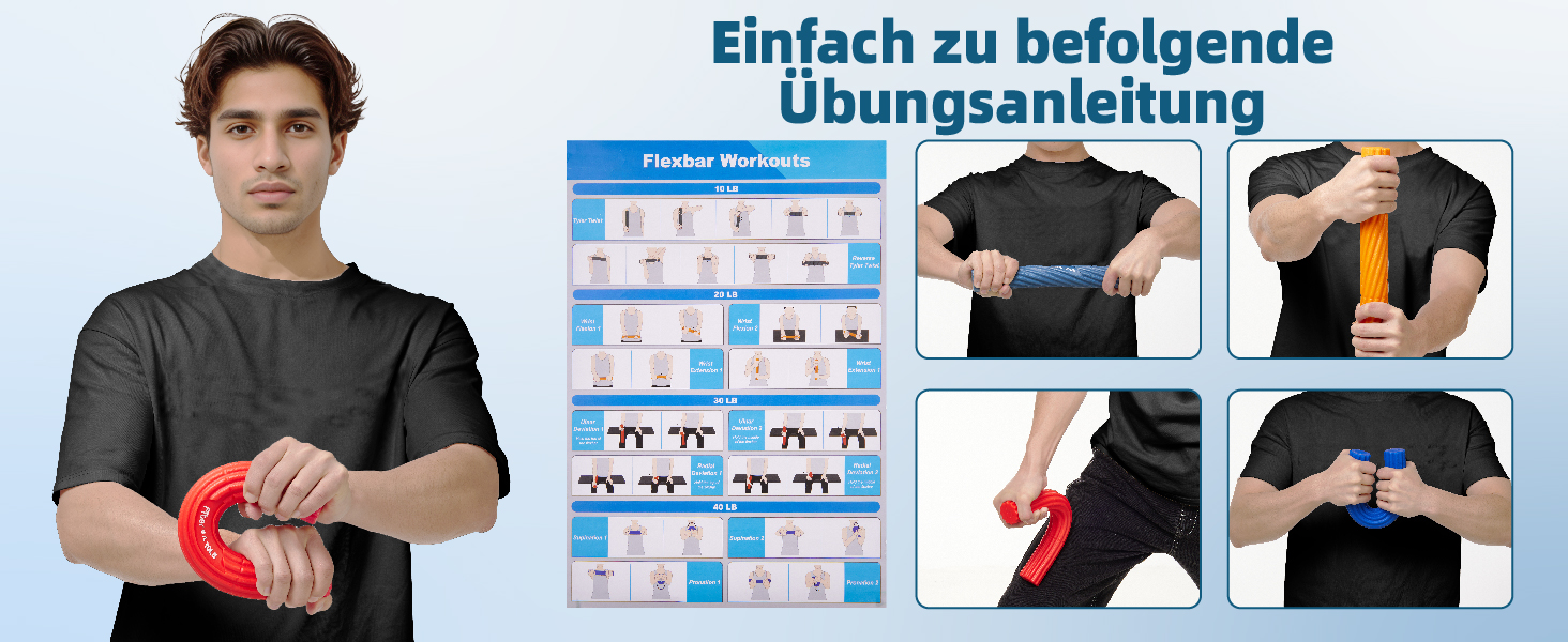 Fitense Flex Therapie Bar Kit: Набір для реабілітації та зміцнення кистей рук (блакитний, чорний, жовтий, сірий)