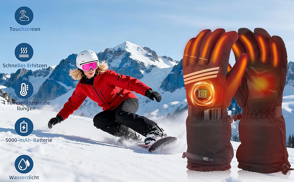 Гріючі рукавички для чоловіків та жінок, з акумулятором 5000mAh*2, 7.4V, 4 режими нагріву, водонепроникні, для зимових видів спорту та катання на лижах