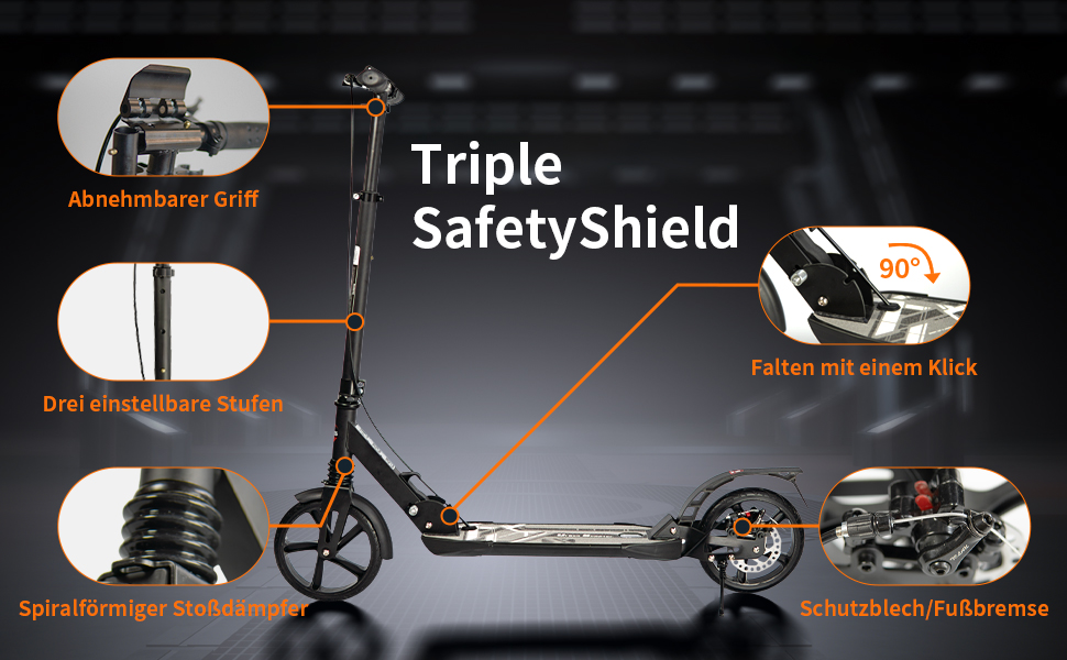 Роликовий самокат Uluck Roller Erwachsene для дорослих та підлітків, 200 мм, дискові гальма, складаний, з ременем та подвійною амортизацією (Чорний)
