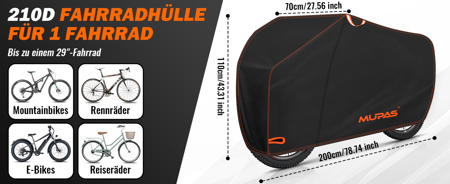 Водонепроникний чохол для велосипеда 210D Oxford, 200 x 110 x 70 cm, чорний. Захист від дощу, пилу та сонця. З отвором для замка та сумкою.