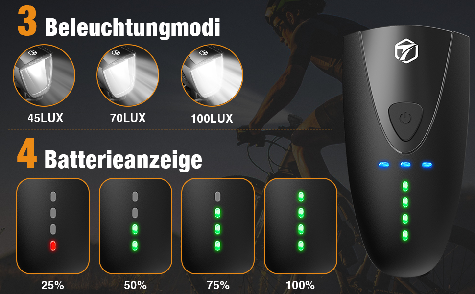 Велофара Toptrek 100LUX: комплект передньої та задньої велофари USB, водонепроникний IPX5, схвалено StVZO