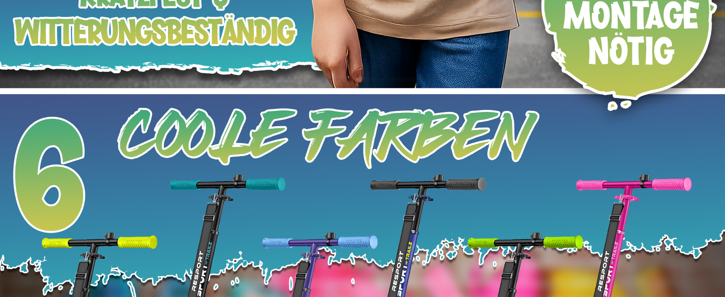 Дитячий та дорослий трюковий самокат Cityroller з дзвінком та ременем | Регульована висота, складаний, до 100 кг | Великі колеса, Kickscooter, турквіс