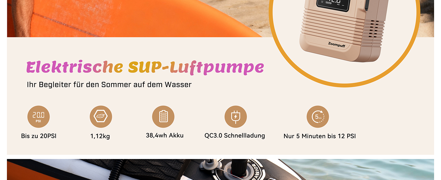 Електричний компресор для SUP-дошки 20 PSI: акумуляторний насос для надувних падлбордів, човнів та каяків з функцією автоматичного вимкнення
