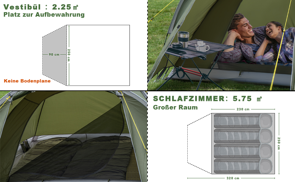 Намет для кемпінгу на 2-4 особи з тамбуром, водонепроникний (PU5000), зелений, для подорожей, трекінгу, кемпінгу та відпочинку на природі