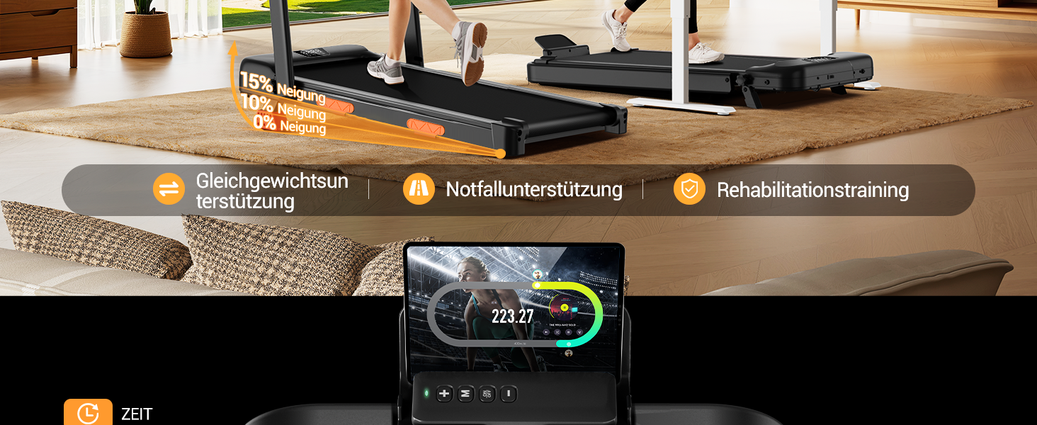 Складана бігова доріжка UMAY для дому з регулюванням нахилу 15%, Walking Pad для ходьби, макс. навантаження 136 кг, з LED-дисплеєм та пультом керування, чорна