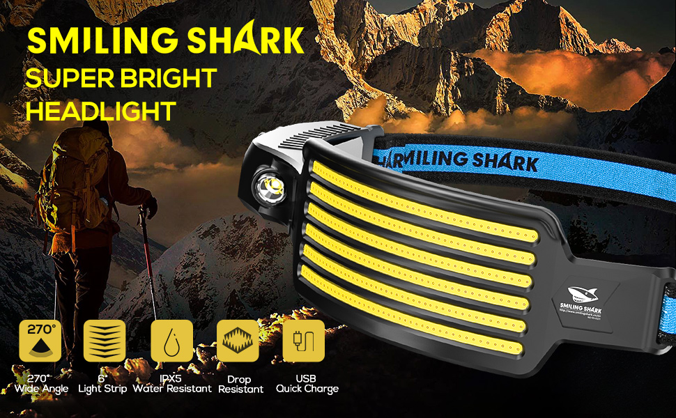 Ліхтар налобний акумуляторний Smiling Shark з LED, водонепроникний, для кемпінгу, бігу, риболовлі