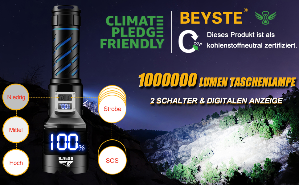 Ліхтарик LED акумуляторний надпотужний 1000000 люмен, тактичний USB-C, великий, 5 режимів, 2 вимикачі, для кемпінгу та надзвичайних ситуацій, чорний
