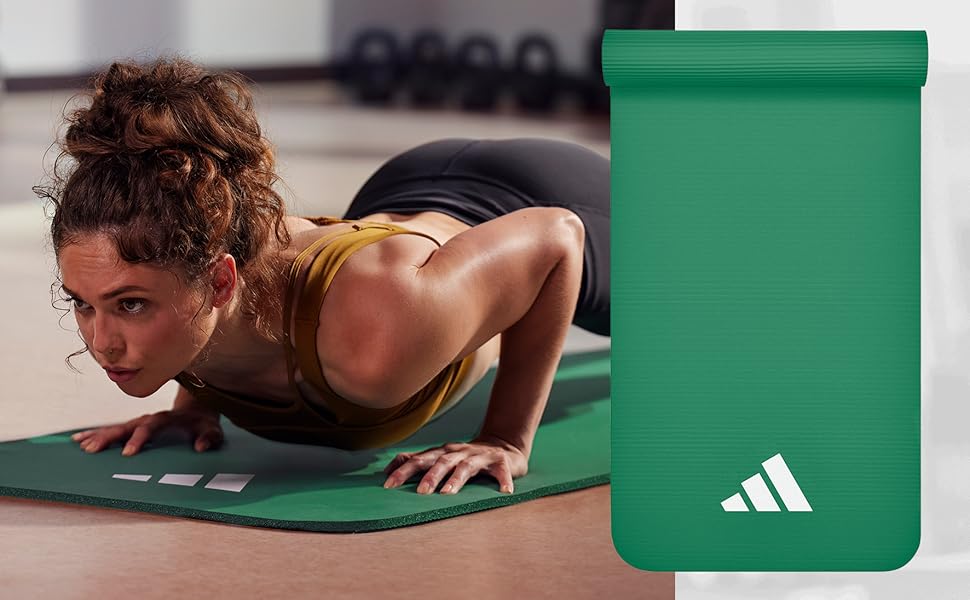 Adidas фітнес-мат для дому, нековзкий, 10 мм, темно-зелений — килимок для гімнастики, фітнесу та тренувань, дві розміри