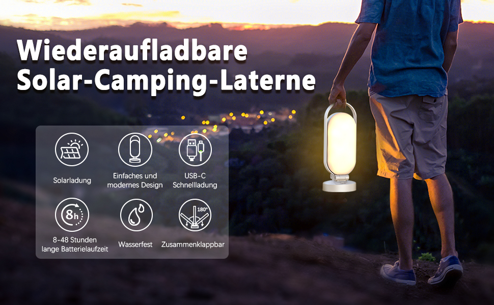 LED кемпінговий ліхтар Hapfish на акумуляторі, 5000mAh, сонячний, вологостійкий, для намету, чорний, білий