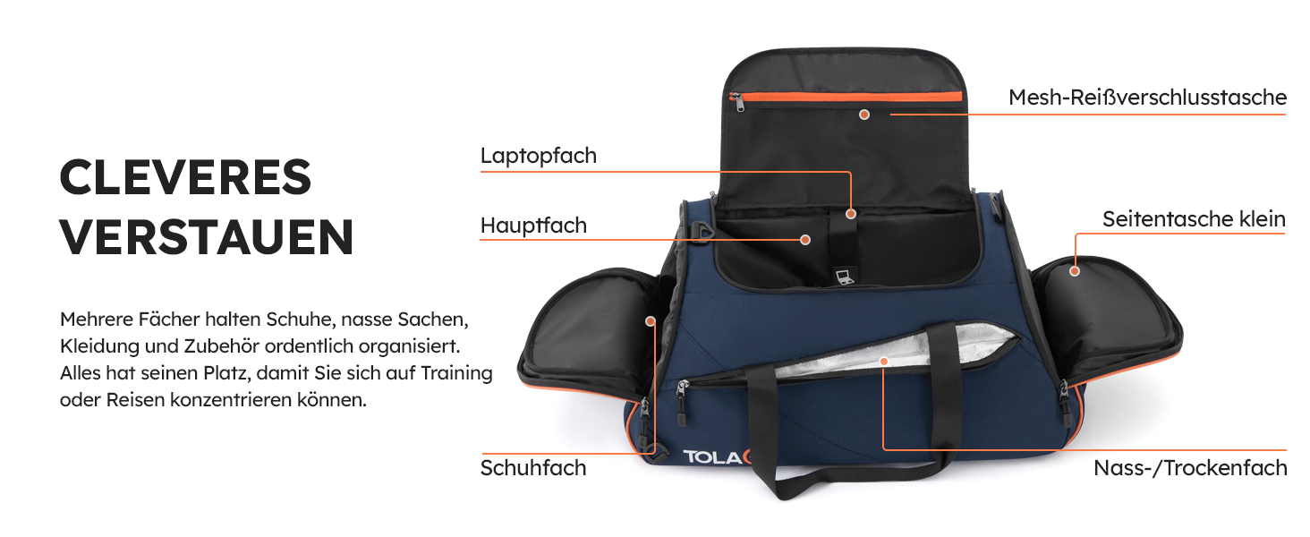 Спортивна сумка Tolaccea 47L з відділенням для взуття та мокрого одягу - рюкзак-дуffel для фітнесу, тренувань, басейну, подорожей (Темно-синій)