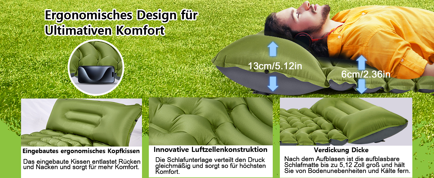 MEIJO Килимок для кемпінгу самонадувний, ізомат, туристичний килимок, Ultraleicht з насосом для ніг, товстий, для відпочинку на природі, у наметі, на пляжі, блакитний & сірий (зелений & сірий)