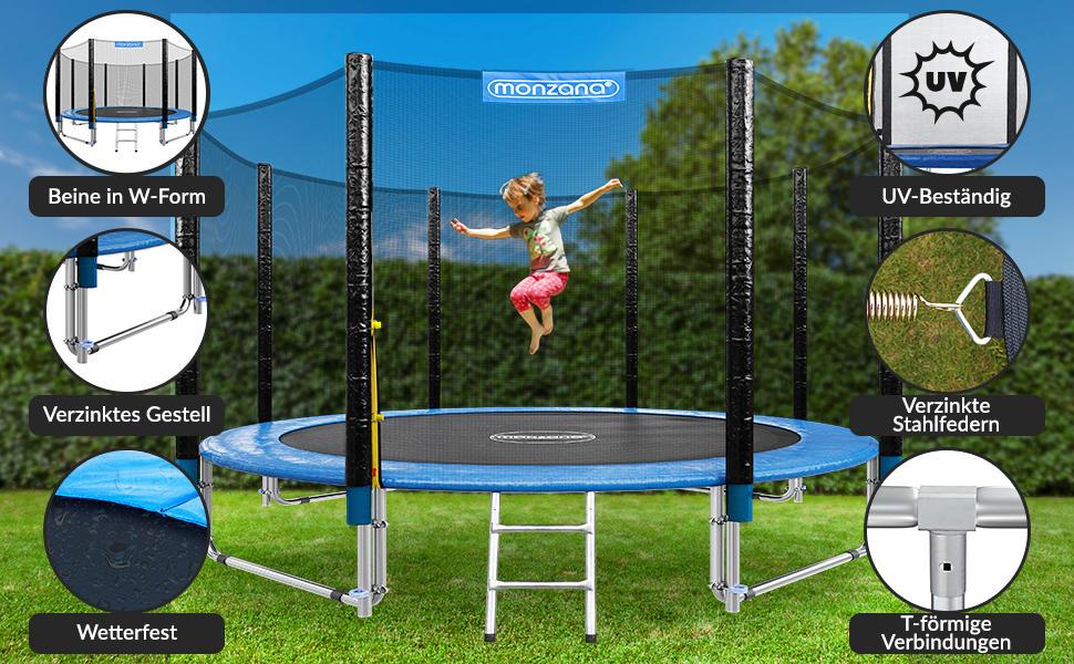 Трамплін Monzana Ø 244/305/366/426 см Комплект з сіткою, сходами, захистом краю та аксесуарами. Дитячий та садовий тромплін