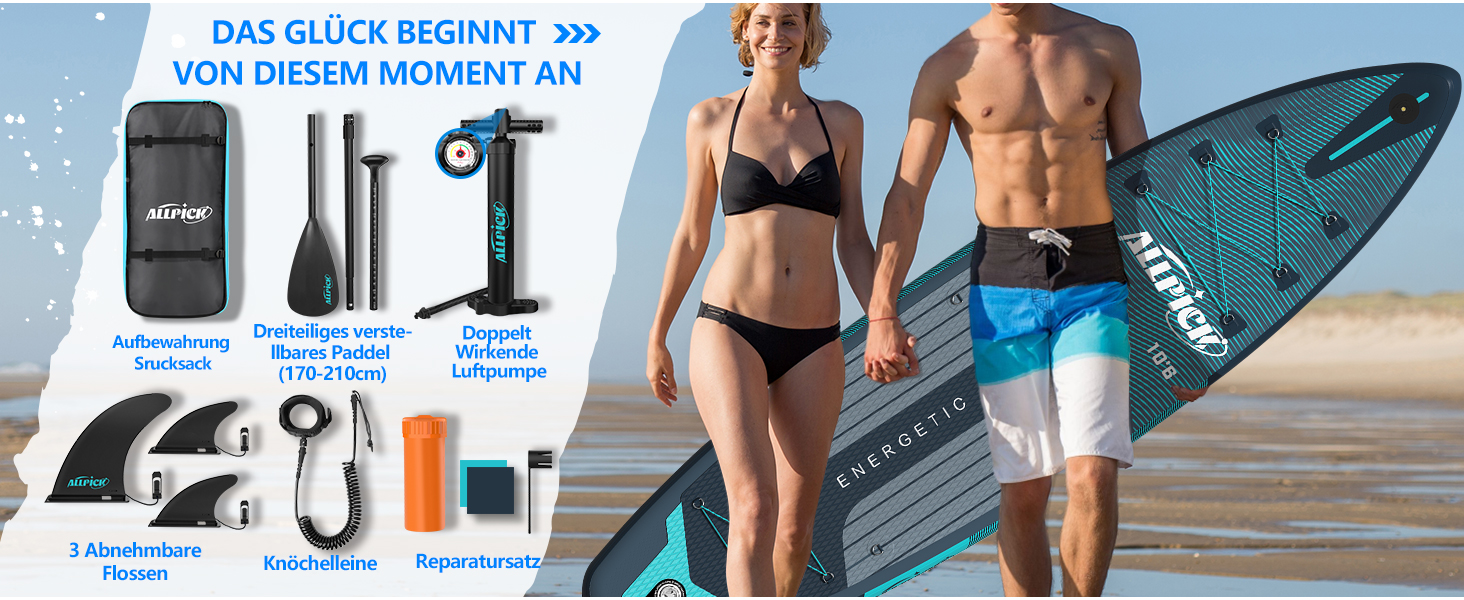 Надувний SUP Борд ALLPICK Premium: Комплект для SUP-бордингу з аксесуарами, тримачем для камери, регульованим веслом, 180 кг, преміум-зелений