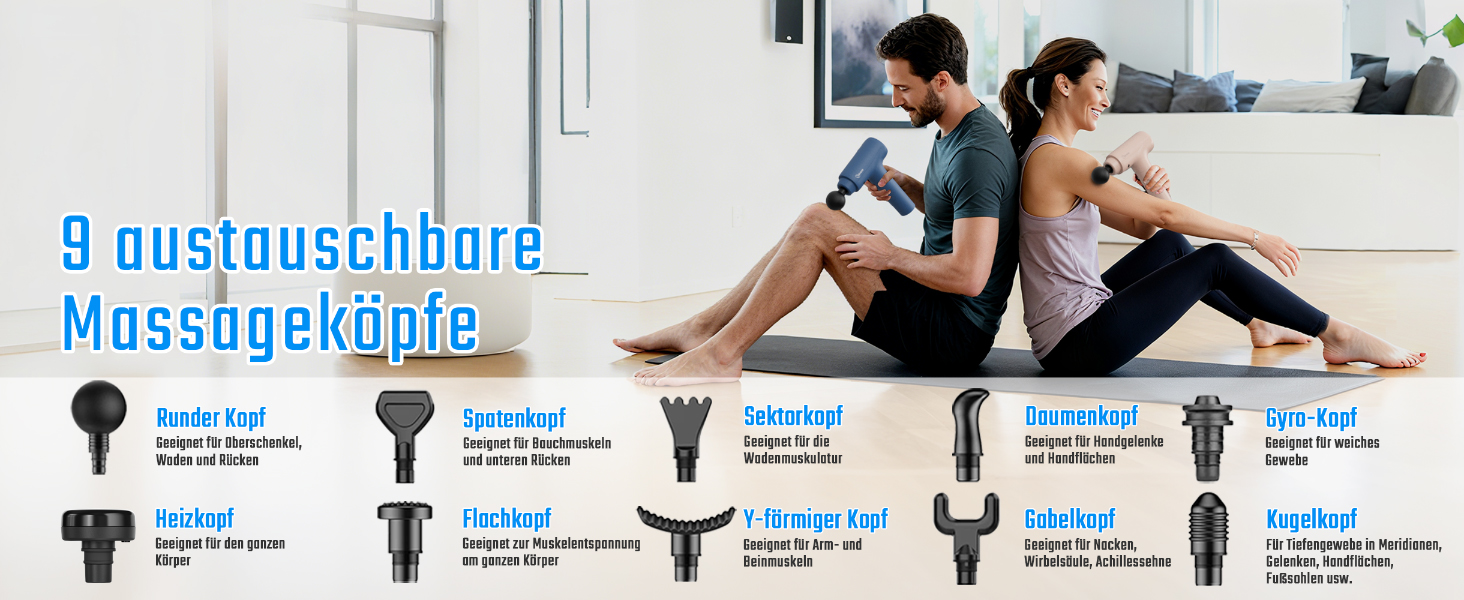 Масажер для м'язів з підігрівом, електричний масажний пістолет з LED-екраном, 20 швидкостей, 10 насадок, кейс, тихий, чорний