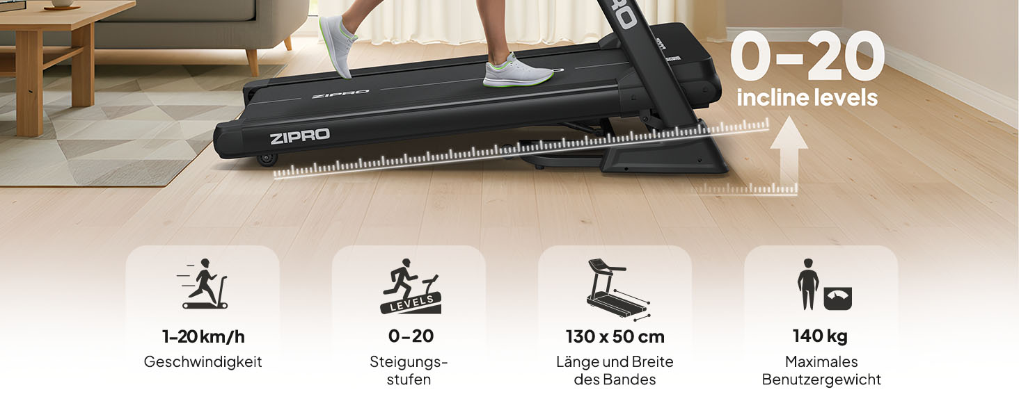 Біговий тренажер ZIPRO Sigma для дому з потужним мотором 3.5 HP, швидкість до 20 км/год, 20 рівнів нахилу, система амортизації VibGuard Pro, максимальне навантаження 140 кг, складаний