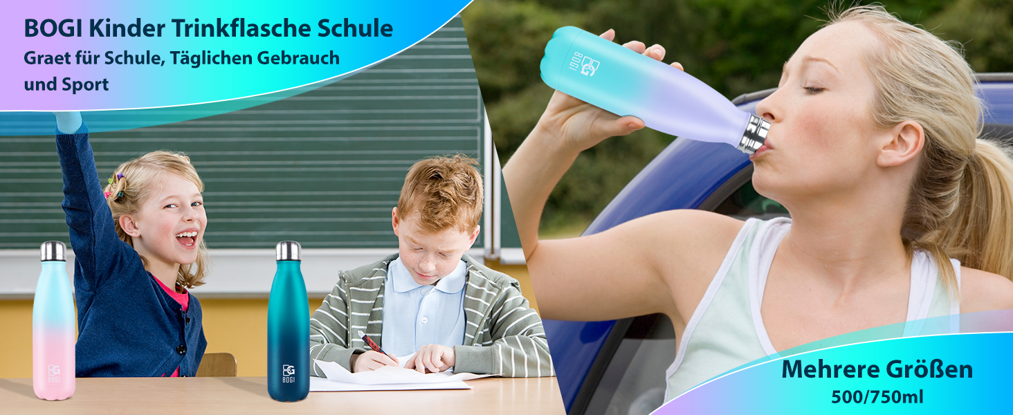BOGI Ізольована пляшка для води, металева, не протікає, з нержавіючої сталі, 750 мл, з щіткою для чищення, для дівчаток та хлопчиків