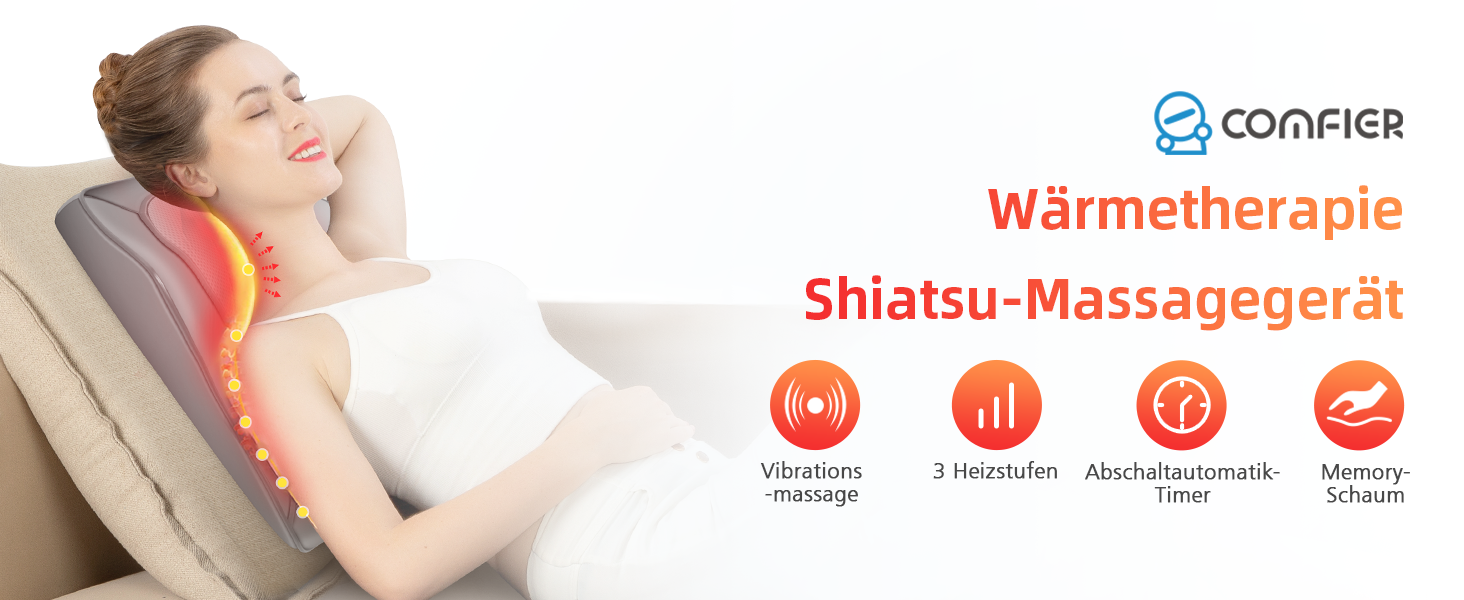 Масажна подушка COMFIER з функцією шиацу та підігрівом, 3D масажні головки, для шиї та спини, офісне крісло, подарунок для чоловіків і жінок, сіра