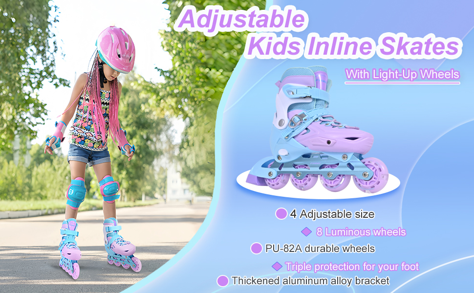 Дитячі ролики-інлайни для дівчаток з підсвічуванням коліс, фіолетовий колір. Підходять для початківців, для використання в приміщенні та на вулиці.