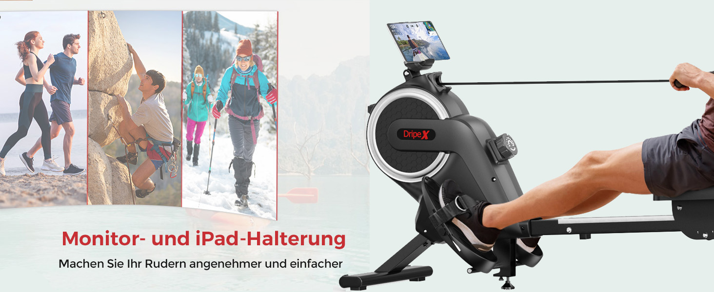 Дріпекс - тренажер для дому, бігова доріжка для веслування, до 160 кг, 16 рівнів опору, Bluetooth, LCD, тихий, чорний