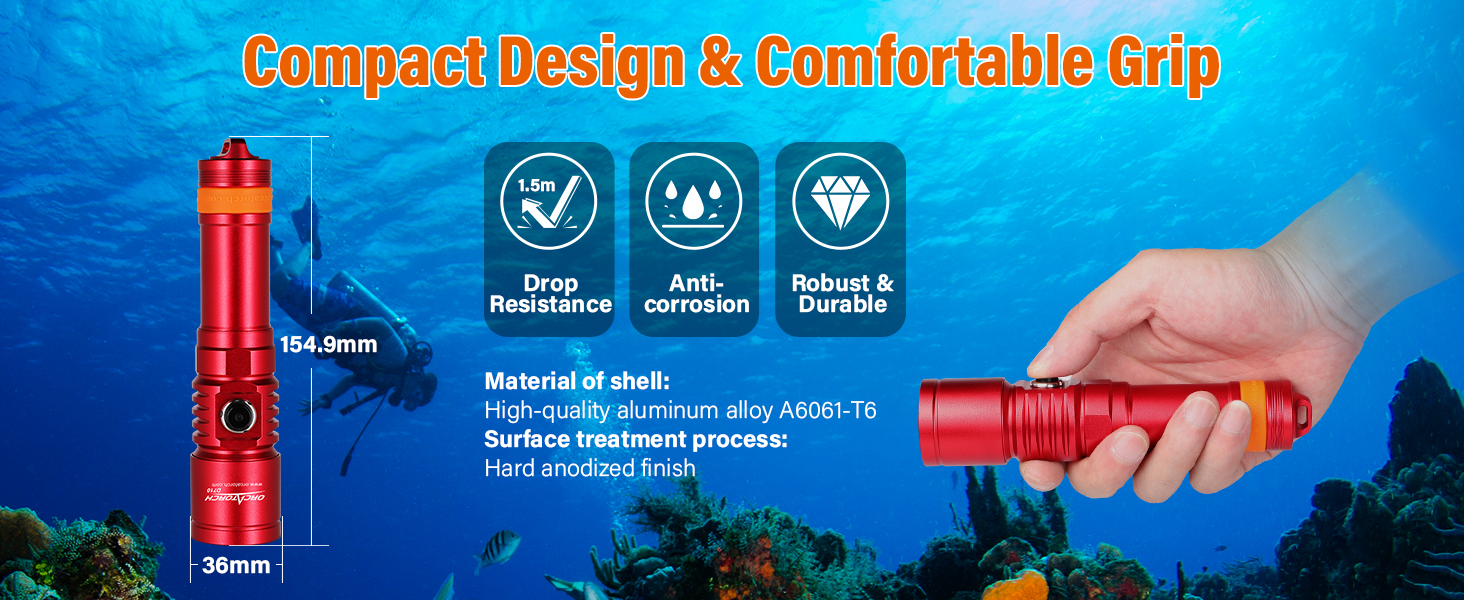 Ліхтар під водою ORCATORCH DC710 LED 3000 Lumen, USB-C, IP68, 150м, з вузьким променем (червоний)