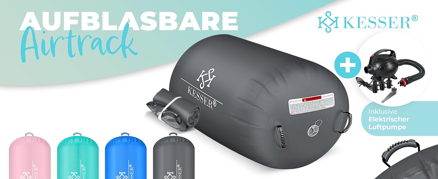 Надувна Airtrack KESSER® | з сумкою та електричним насосом | для акробатики, йоги, фітнесу, балансу, спорту, тренувань | 100 x 60 см, антрацит