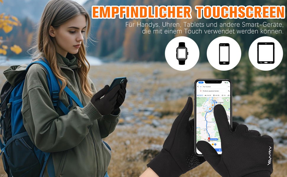 Рукавички для їзди на велосипеді, бігу та хайкінгу: теплі, непромокаючі, з антиковзаючою поверхнею та підтримкою сенсорного екрану (чорний, L)