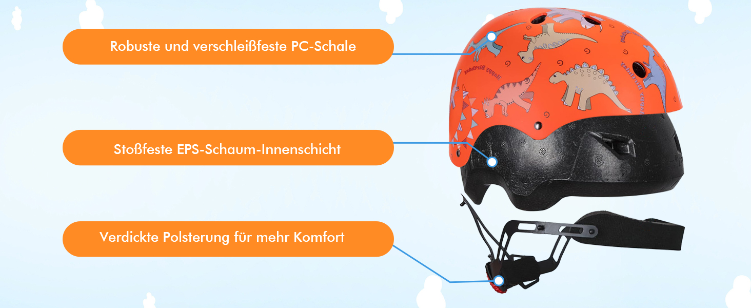 Дитячий шолом Kinderhelm для велосипеда, скейтборда, роликів, самоката, 50-54 см, регульований, CE-сертифікація, оранжевий