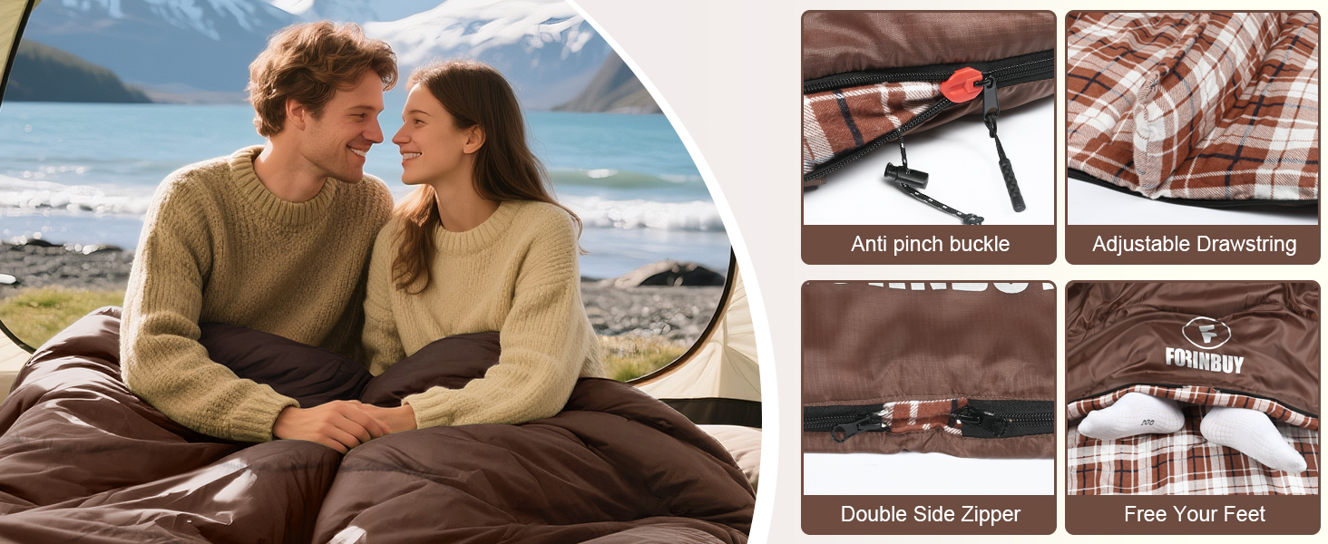 Спальний мішок Baumwolle для 2 осіб, зимовий, водонепроникний, Queen Size, для кемпінгу та подорожей на автодомі (колір: коричневий)