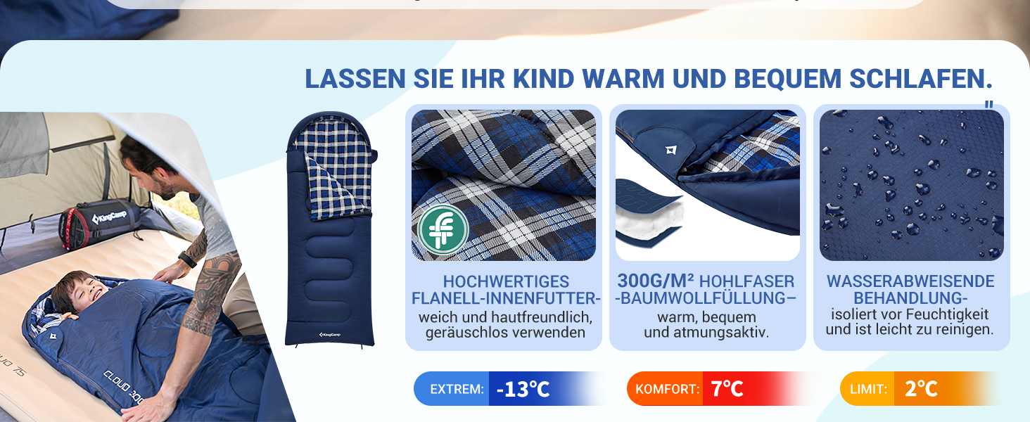 Спальний мішок дитячий KingCamp Flannel, 7°C, Navy, для дітей до 140 см, 4 сезони, водонепроникний, компактний