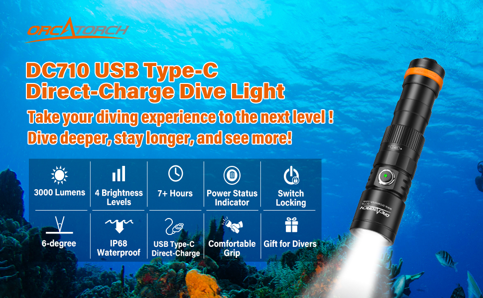 Ліхтар під водою ORCATORCH DC710 LED 3000 люмен, USB-C, IP68, 150м, чорний