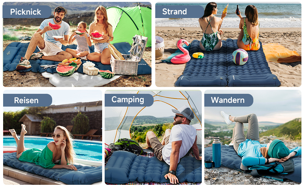 Каремат туристичний HAUSPROFI самонадувний, ультралегкий, з помпою та подушкою, армійний камуфляж (темно-синій)