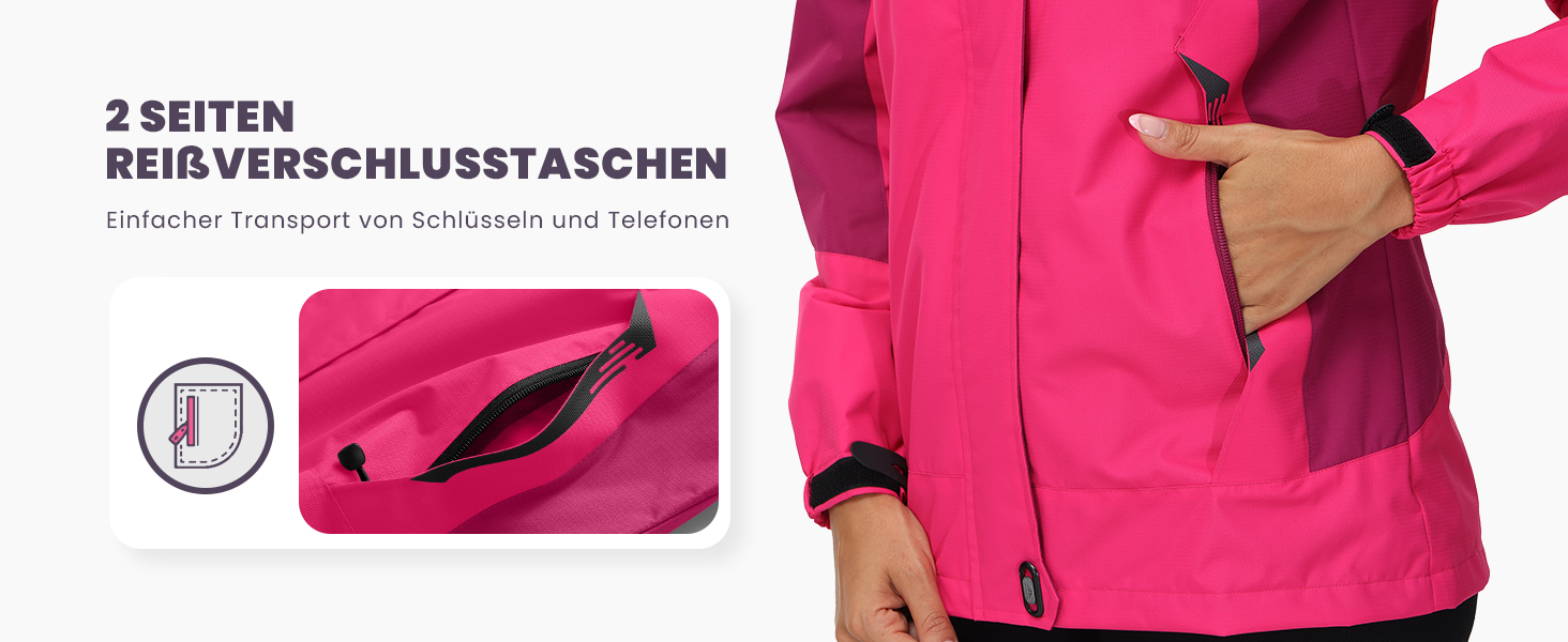 Жіноча трекінгова куртка Outdoor Легка перехідна куртка Вітронепроникна куртка Водонепроникна куртка-дощовик Дихаюча функціональна куртка з відстібаною капюшоном, Рожево-червоний колір, Розмір L