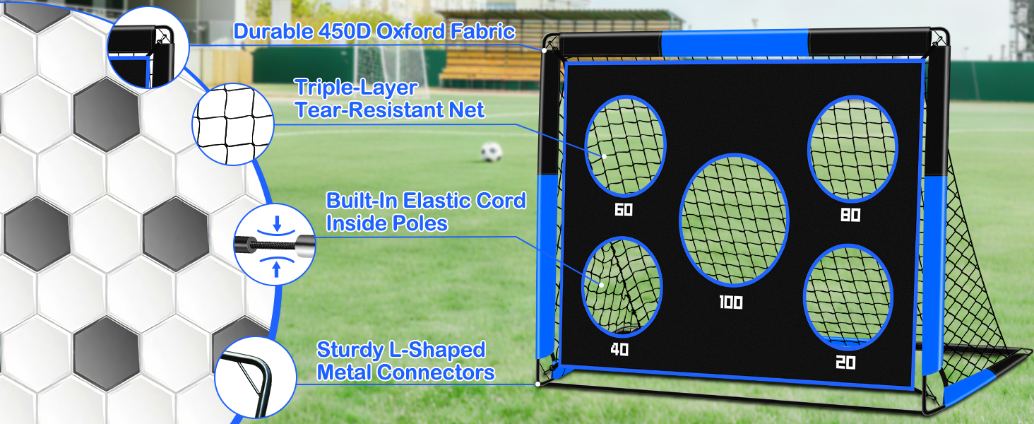 Дитячі ворота для футболу 2-в-1, 150 x 120 см, переносні та стабільні, з 5 цілями, 4 земляні кілочки та сумка, для саду, парку, пляжу (блакитні)