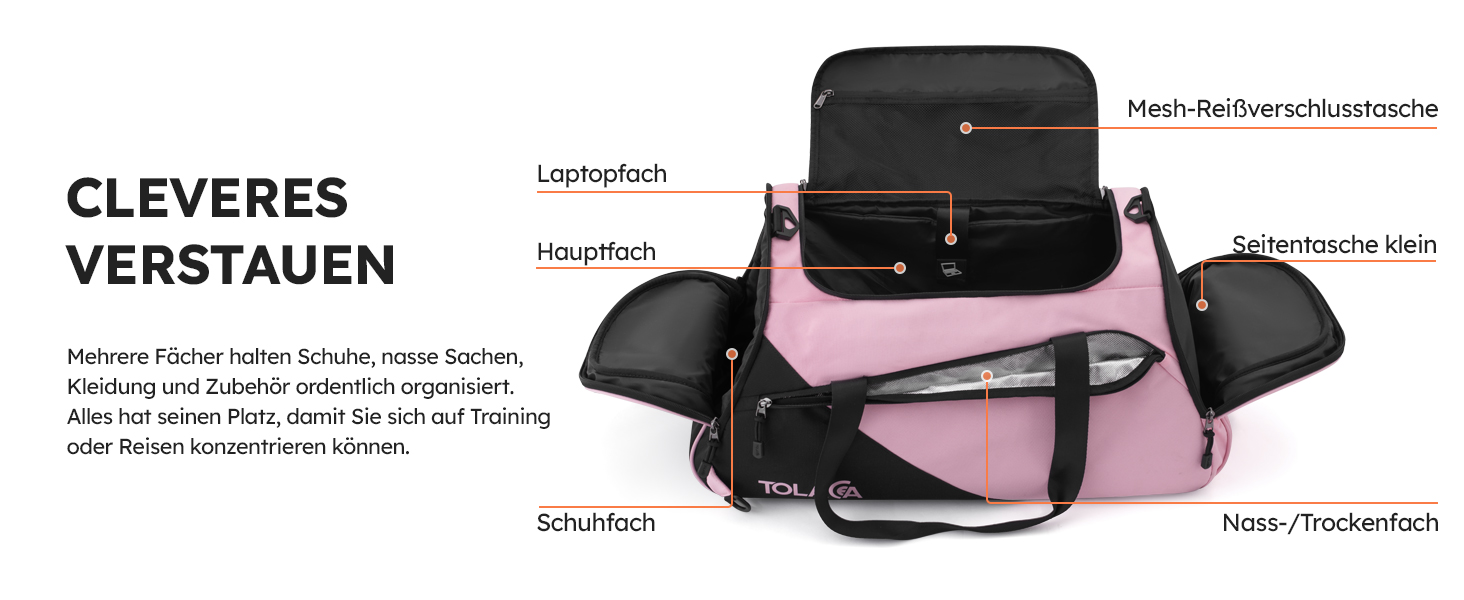 Спортивна сумка Tolaccea для чоловіків та жінок з відділенням для взуття та мокрих речей, рюкзак-дуffel для тренувань, фітнесу, басейну, подорожей (47л, чорно-рожевий)