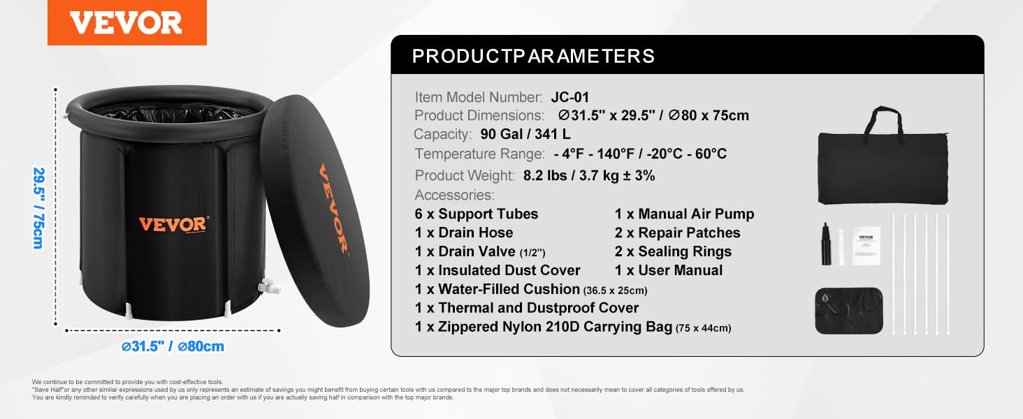 Есбадека VEVOR 80 см для холодної терапії, 290 л, надувна, з кришкою, для спортсменів