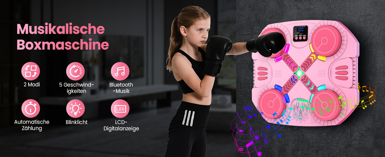 Дитяча боксерська машина з підсвіткою та музикою, Bluetooth, 5 швидкостей, 2 режими тренування, підрахунок ударів, кріплення на стіну (Рожева)
