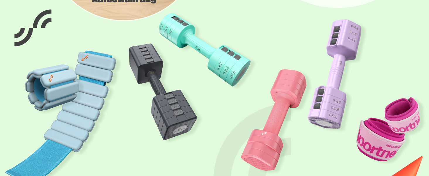 Sportneer Регульовані гантелі для жінок - набір 2 шт (0.9–2.3 кг кожна), 4-в-1, з неслизьким TPU-покриттям, для домашнього фітнесу, силових тренувань (зелені)