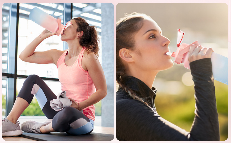 Спортивна пляшка для води MOMSIV 2L з трубочкою та відсіком для фруктів, з позначками часу, чорно-рожева, BPA Free