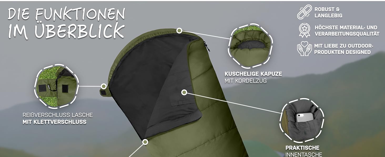 Сплячий мішок NORDBÄR® 3 сезони / літо, ультралегкий [750г/1500г] | Спальний мішок-кокон | компактний | для кемпінгу, подорожей, гірських хат | літній, оливковий - 750г