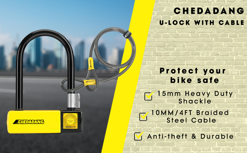 Замок U-Lock для електросамокатів та велосипедів, 1,2 м/10 мм кабель, 3 ключі, захист від крадіжок