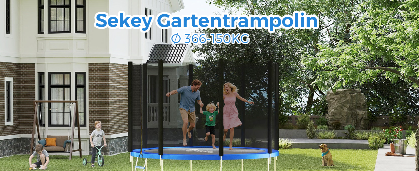 Трамплін Sekey Outdoor 244/305/366 см - сертифікований TÜV Rheinland GS, дитячий, для саду з безпечною драбиною, посиленим захисним сіткою та захисним бордюром (Блакитний, 366 см/12 футів)