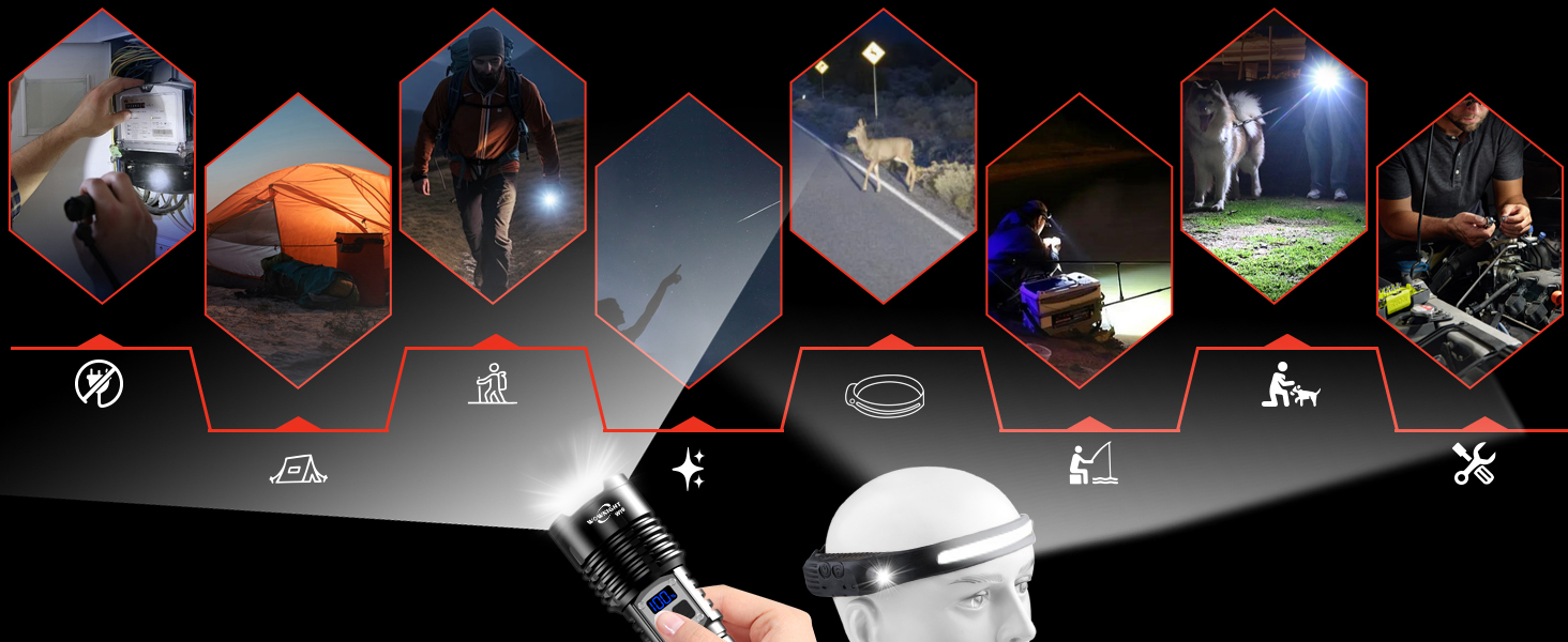 WOWNIGHT LED ліхтарик на акумуляторі 1000000 люмен, 2 режими, USB-C, тактичний, регулювання яскравості, налобний, для кемпінгу та надзвичайних ситуацій, чорний обсидіан