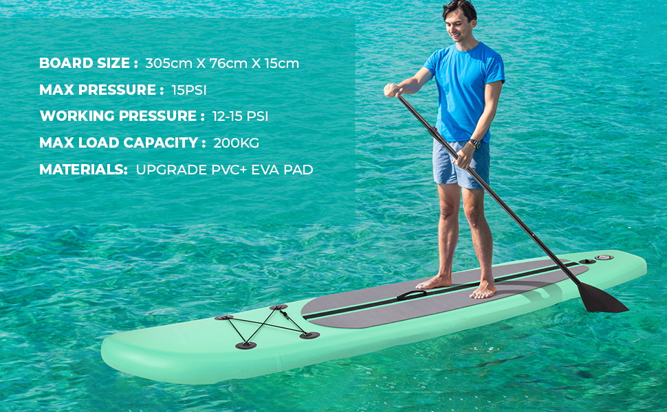 Надувна SUP-дошка для серфінгу 10FT з аксесуарами: регульоване весло, насос, рюкзак, трос, для дорослих, до 200 кг, для водного спорту та веслування