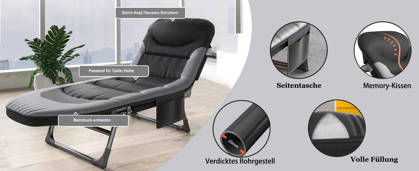 Розкладне ліжко Cozykimo для кемпінгу з матрацом: туристичне, для риболовлі, гостей, сад, будинок (чорне)