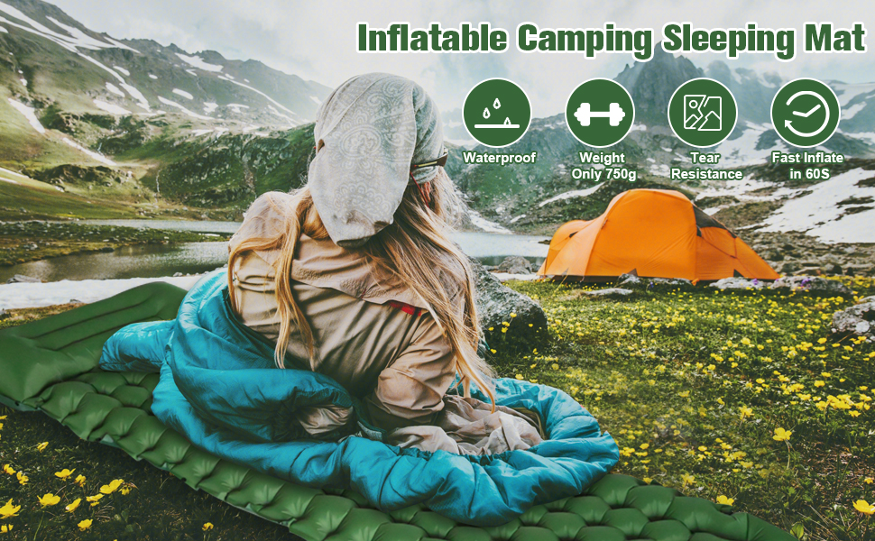Саморозгортальний килимок для кемпінгу Podazz - ультралегка спальна матрац з подушкою, 10 см товщина, водонепроникний, з вбудованим насосом для туризму (блакитний)