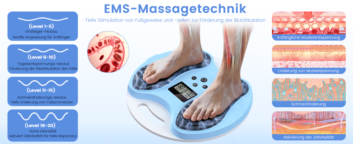 Масажер для ніг та стегон EMS, стимулятор кровообігу – покращує циркуляцію крові, знімає втому ніг та стегон, з 4 електродами TENS, блакитний/сірий