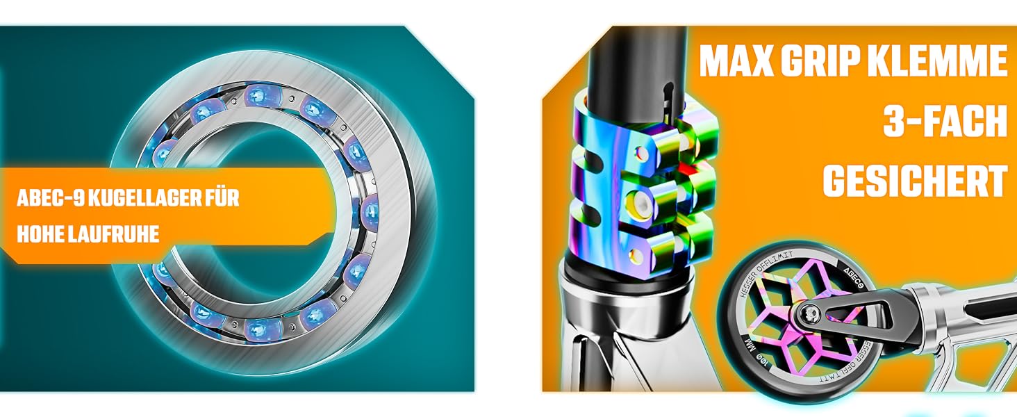 Трюковий самокат KESSER® GT-Limit 360° з підставкою, колеса PU 110 мм, підшипники ABEC 9 - для дітей та дорослих, золотий