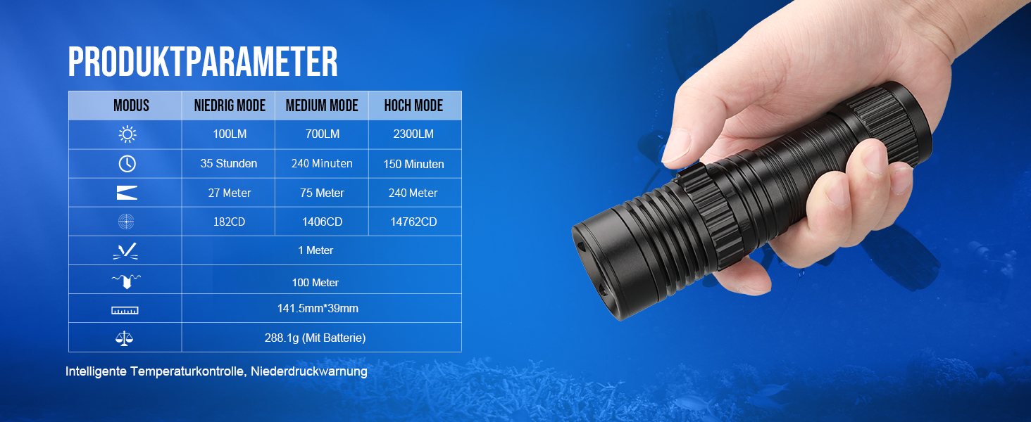 Ліхтар під водою Trustfire DF006, 2300 люмен, 100 метрів глибини, 3 режими, перезаряджається, з петлею, чорний